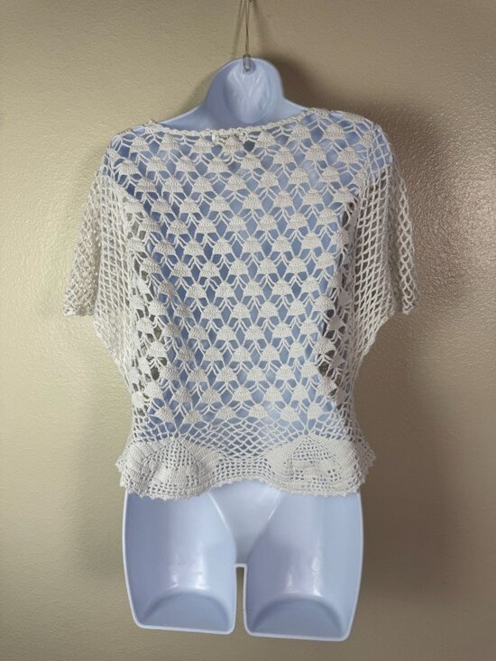 Kamiseta Crochet Open Knit White Top size XXS Short Sleeves Cottage Beachy - Picture 14 of 15